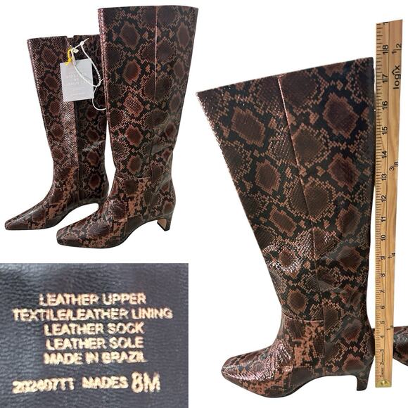 NWOB Antonio Melani Sz 8m Brown Python Snake Print Patent Leather Tall Boots Zip - Picture 1 of 16